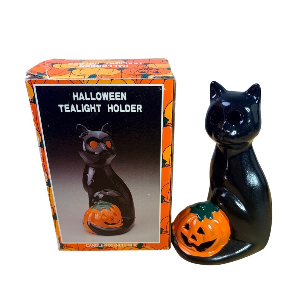 Kmart Vintage Halloween Black Cat Pumpkin Ceramic Tealight Holder with Box